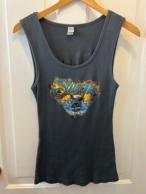 Kavio Charcoal Ribbed Graphic Tank with Blue and Yellow Accents